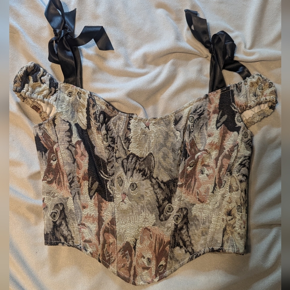 Cat Print Corset Top with Black Straps Charmian Size Small